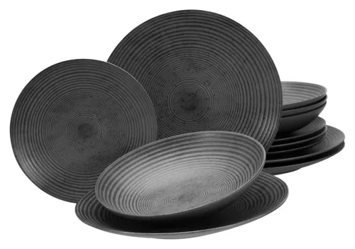 CreaTable Tellerset 12-tlg Catania Anthrazit - Kombiservices mit italienischer Eleganz: 12 außergewöhnliche Steinzeugteile in Vulkanoptik, spülmaschinen- und mikrowellengeeignet, ideal für stilvolle Tischgestaltungen.
