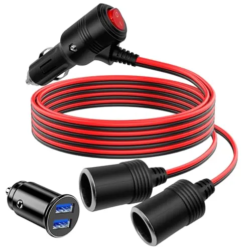 Hoembpn Zigarettenanzünder Verteiler Verlängerungskabel mit Schalter, 12V/24V 2 Wege Buchse Adapter, 1 bis 2 Auto Zigarettenanzünder Stecker und Dual USB Autoladegerät für KFZ Wohnmobile LKW,1 Meter