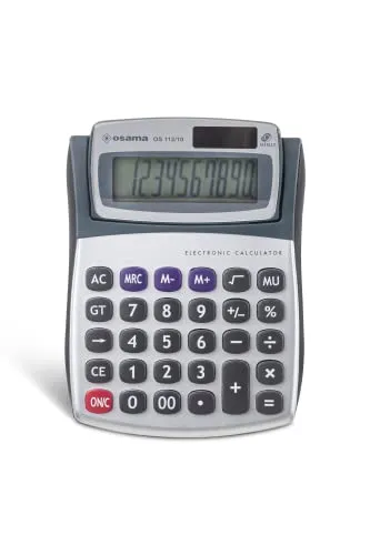 Osama METAL, 10-stelliger Taschenrechner mit LCD-Display mit verstellbarem Neigungswinkel und Gummirand - Silber und Schwarz