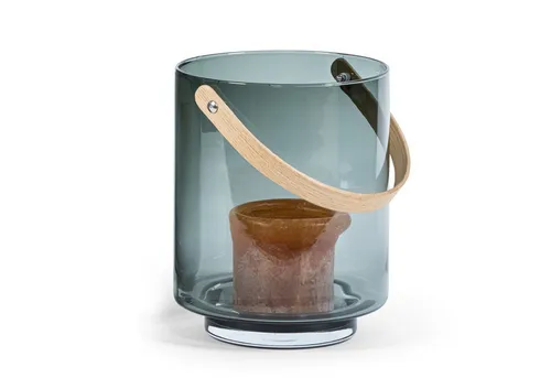 coco+cozy Bodenwindlicht Windlicht Hamptons Ø 22,5x28cm, Glas (Rauchglas), mundgeblasen, Designobjekt, Henkel aus Holz