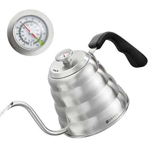 Pour Over Coffee Kettle with Thermometer - Premium 40 fl oz Gooseneck Kettle - Kaffeetropfkessel aus hochwertigem Edelstahl mit integriertem Thermometer für präzise Temperaturkontrolle. Ideal für perfekten Kaffee und Tee, kompatibel mit allen Wärmequellen.