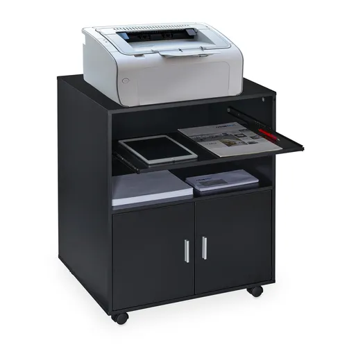 Mobiler Rollcontainer Druckerschrank in Schwarz mit 2 Fächern - Rollcontainer & -wagen, ideal für flexibles Arbeiten mit praktischen Rollen und viel Stauraum für Büromaterialien.