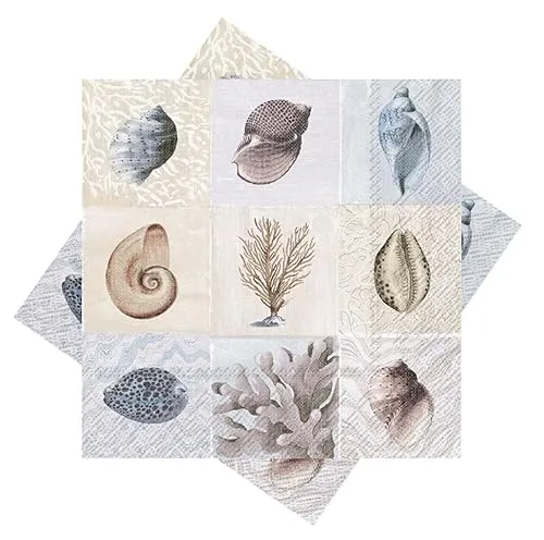 ZauberDeko Servietten Muschel Seegras Beige Blau Deko Tischdeko 33 x 33 cm 20 Stück