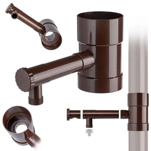 KADAX Regensammler 100mm, Regenwassersammler für Fallrohr, Regendieb mit integrierten Ventil, Wassersammler aus hochwertigem Kunststoff, Wasserdieb (Braun)