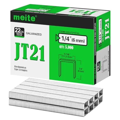 meite Tackerklammern Typ 53, 6 mm verzinkte Klammern Typ 53 JT21 für Handtacker & Elektrotacker, 5.000 Stück, 11,2 mm Rückenbreite, 0,75 mm Drahtstärke, ideal für Polster, Basteln & Möbel