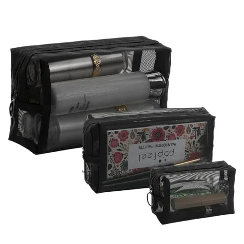 Colexy 3Pcs Kosmetiktaschen für Frauen Netztasche Make up Tasche Reise Schminktasche mit Metall Reißverschluss für Damen Mädchen Reise-Kosmetik-Aufbewahrungstasche (Schwarz)