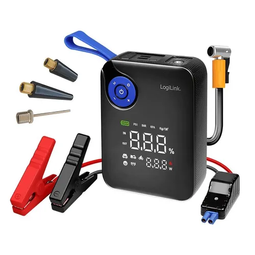 LogiLink Starthilfe Powerbank 4-in-1 - Booster & Starthilfekabel – vielseitiges Notfallgerät mit Starthilfe, Luftpumpe, LED-Lampe und Powerbank für maximale Sicherheit und Komfort unterwegs.