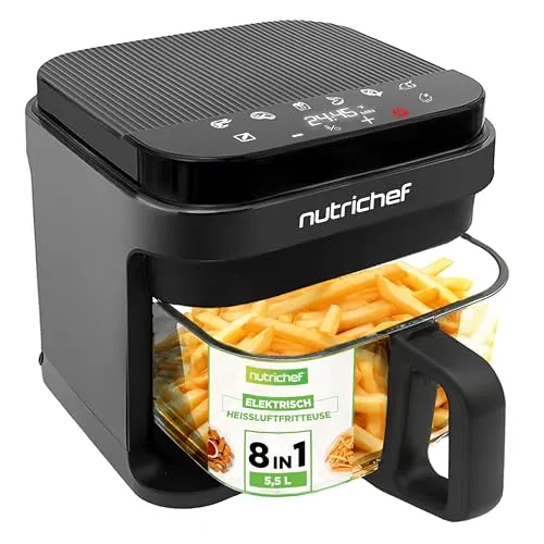 NutriChef Heißluftfritteuse 5,5 L Schwarz – 8-in-1 Airfryer mit LED-Touchdisplay