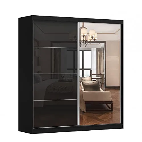 Kleiderschrank M31 mit Spiegel 203 cm - Kleiderschrank mit 2 Schiebetüren, Hochglanz-Fronten und viel Stauraum. Ideal für Schlafzimmer und Wohnzimmer, der integrierte Spiegel vergrößert optisch den Raum.