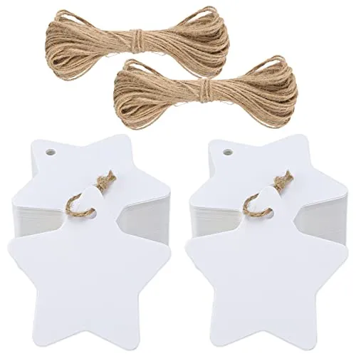 Geschenkanhänger Weihnachten Stern Anhänger Kraftpapier Etiketten, 100 Stück Weiß Tags mit Jute Schnur, für Weihnachtsgeschenke Dekoration