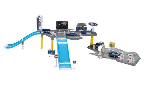 Bubble-Store Spiel-Parkgarage Garagen Spiel-Set Feuerwehr oder Polizeistation (2 Etagen mit 2 Rampen, 3 Transporter, Hubschrauber, Einsatzwagen, extra viel Zubehör u.a. 8 Straßenschilder, 2 Tankstellen, Waschstraße)