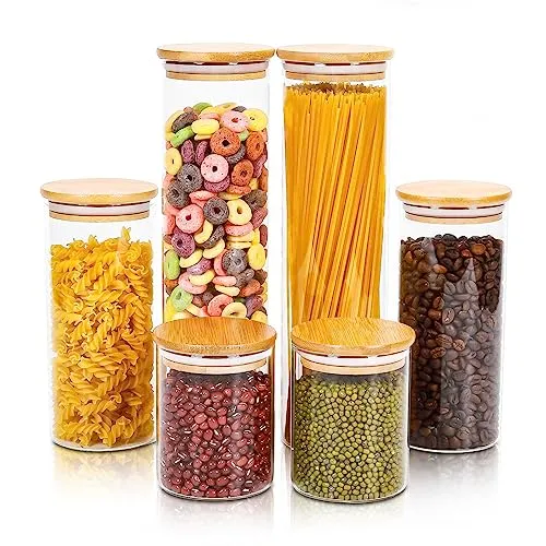 Lannvan Vorratsgläser Mit Deckel - 6er Set Luftdicht Glasbehälter mit Deckel - Vorratsdosen Mit Holzdeckel zur Spaghetti,Mehl Aufbewahrung