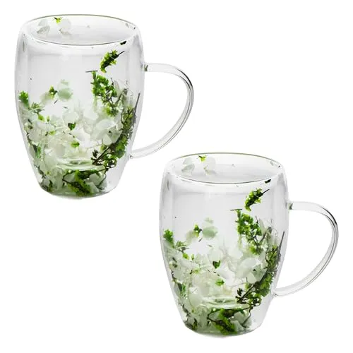 Kvota 2-er SET Doppelwandiger Glasbecher mit echten Trockenblumen – 300 ml, isolierend & dekorativ – 3 Designs (Pink, Grün, Minze) – für Tee, Kaffee, kalte Getränke – Geschenkidee (Grün)
