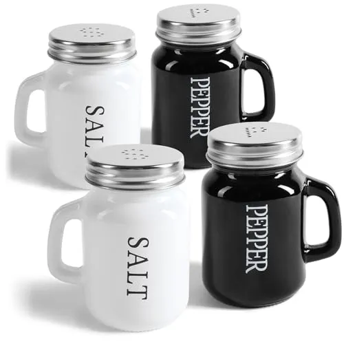 com-four® 4-teiliges Salz- und Pfefferstreuer-Set - Gewürzstreuer mit Schraubdeckel und Henkel - Gewürzglas in Bierkrug-Form mit Aufschrift - moderne Schüttler (4-teilig - Glas schwarz/weiß)
