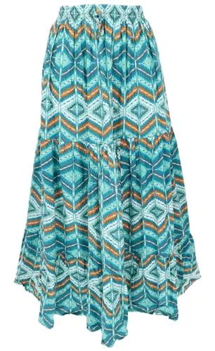 GURU SHOP Maxirock Batik - Farbenfroher Langer Sommerrock in Türkisgrün - Röcke für Damen, fließend fallender, leichter Sommerrock aus gebatiktem Sarongstoff mit gestuftem Schnitt und flexiblem gesmoktem Bund für optimalen Tragekomfort.