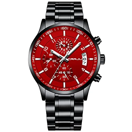 CRRJU Herren Uhr Business Edelstahl wasserdichte Chronographen mit Kalender Armbanduhr Edelstahlband Stoppuhr Analog Quarzuhr (schwarz schwarz rot)