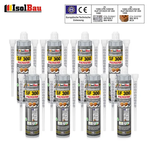 Verbundmörtel Injektionsmörtel 8 x 300 ml Montagemörtel SF 300 16 x Mischer