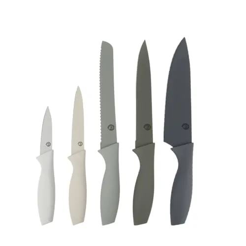 MasterChef Messer Set, Messerset mit Küchenmesser, Kochmesser, Brotmesser, Schälmesser & Allzweckmesser, Schneidemesser Küche Set, Scharfe Messer mit Edelstahlklingen, Softgriff, 5-teilig, Grau