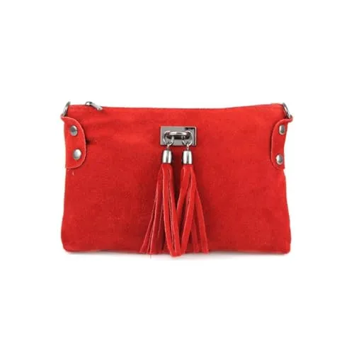 Italienische Damen Wildleder Clutch Tasche mit Fransen - Elegante Schultertasche aus 100% italienischem Wildleder. Mit abnehmbaren Fransen und verstellbarem Schultergurt für individuellen Stil. Ideal für besondere Anlässe und den täglichen Gebrauch.