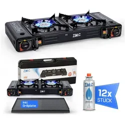 Z.M.C ZMC Camping Gaskocher 2-flammig mit Grillplatte und 12 Gaskartuschen - Campingkocher für unabhängiges Kochen ohne Strom, inklusive Grillplatte für gesunde Zubereitung und 12 Gaskartuschen für sofortigen Einsatz.