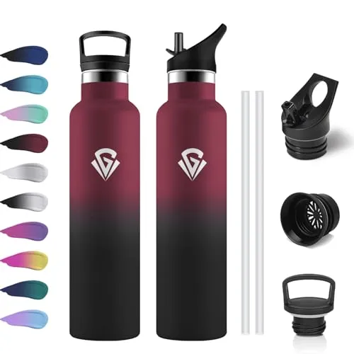 Trinkflasche Edelstahl 1L, Thermoskanne mit Strohhalm, Kohlensäure Geeignet, BPA-Frei, Einhandöffnung, Vakuum Isolierte Thermosflasche, Isolierflasche Auslaufsichere für Sport, Laufen, Fahrrad, Yoga