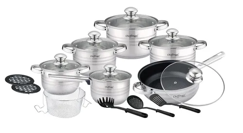 Cheffinger Topf-Set Cheffinger Kochtopf Pfannen Topfset Glasdeckel 18-tlg Induktion, Material: Edelstahl, Glas, Kunststoff