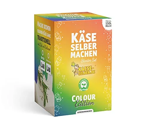 Käse selber machen - Starter Set - Colour Edition - BUNT - Starter Set für die traditionelle Käseherstellung von Käse, Quark & Frischkäse. Ideal für Einsteiger, erweiterbar für verschiedene Käsesorten. Verarbeitung von ca. 150 L Milch möglich.
