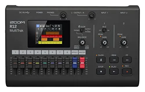 R12 Multi Track Recorder - Audiorecorder mit bis zu 8 Aufnahmespuren und 2,4-Zoll-Farb-LCD-Touchscreen für einfache Bearbeitung – ideal für Musiker und Toningenieure.