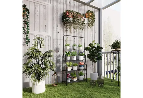 Outsunny Mehrstöckige Pflanzentreppe mit Hängestange - Stilvolle Blumentreppe aus Metall, 137 cm hoch, ideal für Wohnzimmer, Garten oder Balkon – schafft Platz für Ihre Pflanzen und bringt Ordnung.