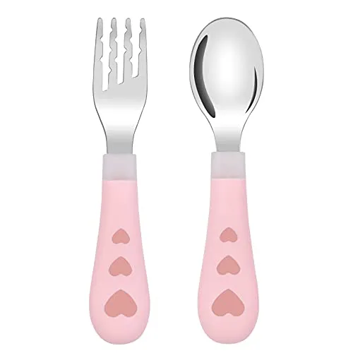 Vicloon Baby Gabel und Löffel Set, Edelstahl Besteck Set mit Cartoon Gestalten, Selbsternährende Lernutensilien, Babybesteck für Baby, Kleinkind, Kinder - Rosa Liebe