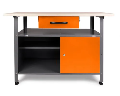 ONDIS24 Werkbank Klaus 120 cm orange - Höhenverstellbar und stabil - Werkbank aus Holz mit Metall-Schubladenschrank, ideal für Heimwerker. Massive Arbeitsplatte bis 380 kg belastbar, viel Stauraum und praktische Ablageflächen sorgen für Ordnung und Effizienz beim Arbeiten.
