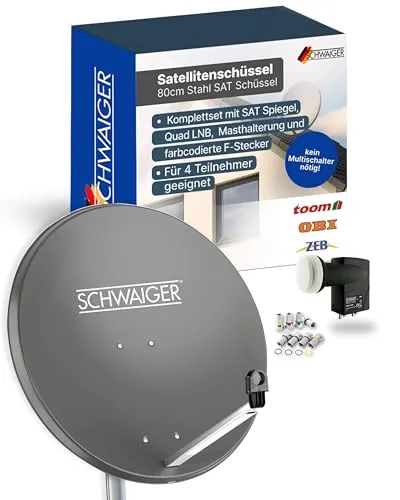 SCHWAIGER 517 SAT-Anlage Komplettset - 75cm Satellitenschüssel mit Quad LNB, empfangstark für 4 Geräte und wetterfest aus Stahl