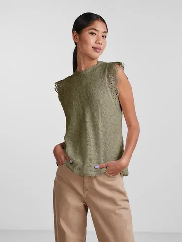 pieces Kurzarmbluse PCOlline in Khaki mit Spitze von PIECES