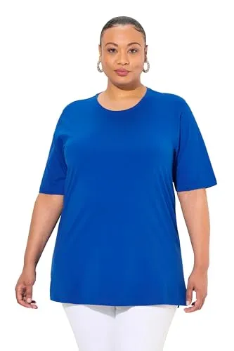 Ulla Popken Damen große Größen Übergrößen bis 72, Basic T-Shirt, Oberteil, Regular Fit, Rundhalsausschnitt, Halbarm, Royalblau 46+ 486910753-46+