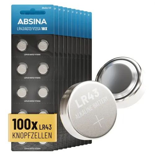 ABSINA 100x AG12 Batterien Knopfzellen - 1,5V Alkaline Knopfzelle LR43 Batterie