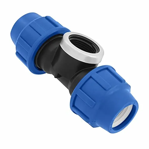 SmartProduct T-Stück PE Rohr Fitting 25mm x 1/2 x 25 mm Innengewinde IG Verschraubung PN16 DVGW Trinkwasser zertifiziert – Klemmverbinder – PP T Stück Kupplung für PE80 PE100 Rohren – 1 Stück