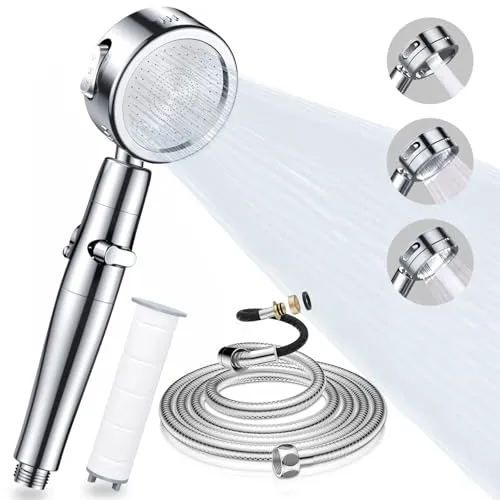 Duschkopf mit Schlauch 2M, Hochdruck Duschkopf mit Filter, Wassersparender Duschbrause mit 3 Strahlarten, Shower Head with Stoppfunktion für Hartes Wasser, Rest-Chlor, Bakterien, Schwermetall