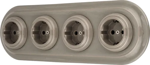 Unterputz Porzellan Retro Steckdose 4-fach, All-in-One, SET Serie PR1 graubeige