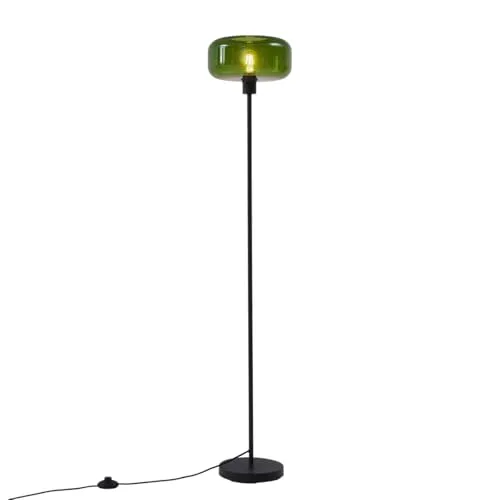 Qazqa Retro Stehleuchte Schwarz mit Grünglas - Dimmbar für Wohnzimmer und Schlafzimmer - Stylische Stehleuchte im Retro-Design mit E27-Fassung. Ideal für verschiedene Wohnräume, sorgt für stimmungsvolle Beleuchtung. Kompakt und elegant, perfekt für Ihr Zuhause.
