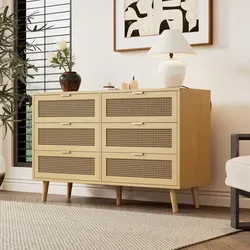 Merax Kommode mit 6 Schubladen - Schubladenkommode aus Rattan und Holz, bietet großzügigen Stauraum und einen natürlichen Look, ideal für jedes Zuhause.