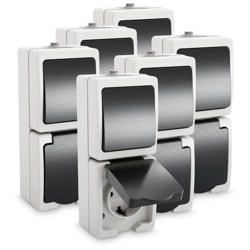 Greate 6x Aufputz Schalter Steckdose Kombination IP54 - Steckdosen & Zubehör mit spritzwassergeschütztem Klappdeckel, ideal für Feuchträume und sichere Nutzung im Außenbereich. Einfache Installation und hoher Verdrahtungsraum für mehr Sicherheit.