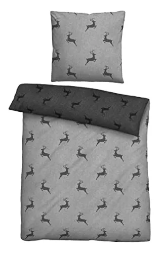 Biberna Melange Flanell Wendebettwäsche Hirsche sturmgrau 155x200 cm - Bettwäsche aus 100% Baumwolle, kuschelig warm und atmungsaktiv, ideal für das ganze Jahr – pflegeleicht und schnell aufgezogen dank Reißverschluss.