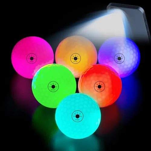 THIODOON Golfbälle, die im Dunkeln leuchten, durch Licht aktiviert, 7 Farben, bleiben beleuchtet, einfaches Ein- und Ausschalten mit Taschenlampe, leuchtende Golfbälle für nächtliches Golfen, 6er-Pack