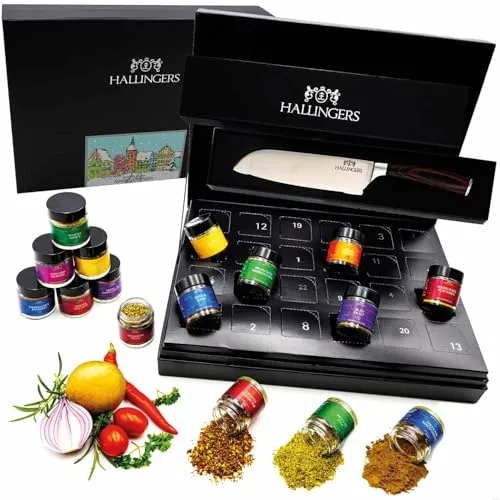 Hallingers Gewürze Adventskalender 2025 – 24 Gourmet Gewürze & Mischungen & Santoku-Messer – Feinschmecker Geschenkidee für Hobbyköche – Premium Qualität - Made in Germany