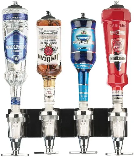 infactory Flaschenhalter Wand: 4-fach Flaschenhalter und Dosierer für Ihre Hausbar - Aufbewahrung & Organisation • Exaktes Dosieren für leckere Cocktails, ideal für Wandmontage und verschiedene Flaschengrößen (0,7 bis 1l) • Maße: ca. 365 x 380 x 145 mm