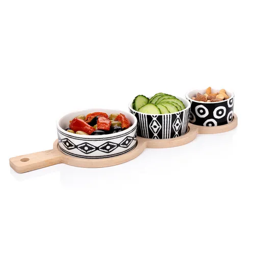Tapas Servierset Snack Dipschalen Schalen Teller Schälchen Set länglich Griff