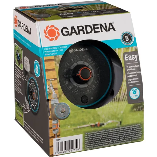 Gardena Water Control Easy - Bewässerungscomputer - Kompakter Bewässerungscomputer mit einfacher Bedienung über einen Radialknopf und 15 voreingestellten Programmen für effiziente Gartenbewässerung.