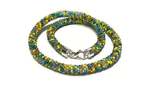 Produktbild Halskette gehäkelt Glasperlen 925 Silber Schließe Handarbeit Unikatschmuck Häkel