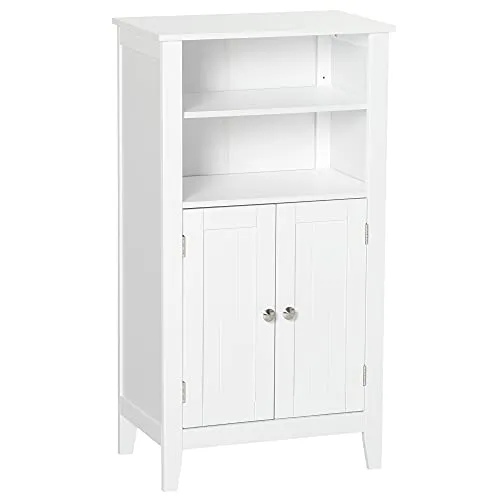 kleankin Badezimmerschrank mit verstellbaren Einlegeböden und Schrank mit 2 Türen, Mehrzweckschrank aus Holz, weiß, 50x30x93cm