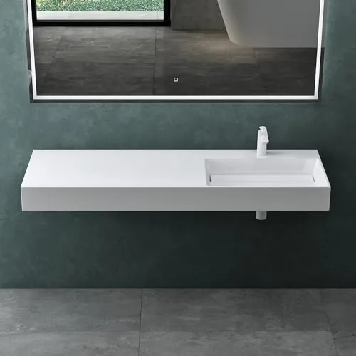 Mai & Mai Waschbecken Col12-Rechts 150x48x13cm - Elegantes Hänge- und Aufsatzwaschbecken in glänzendem Weiß aus Mineralguss, mit antibakterieller Oberfläche und einfacher Montage, ideal für moderne Bäder.